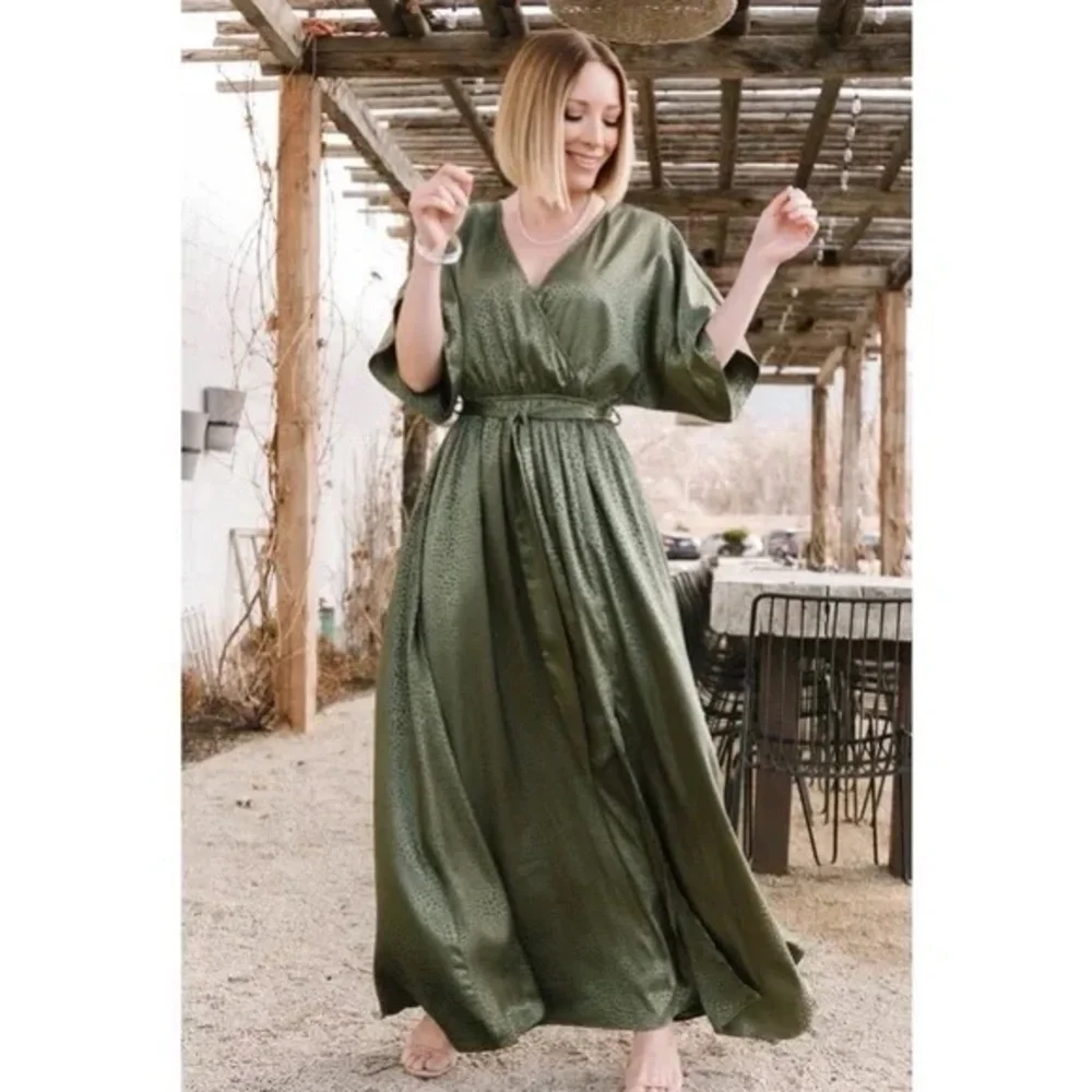 Baltic Born Savannah Print Kimono Maxi Dress Olive Green Size XS - Picture 2 of 13